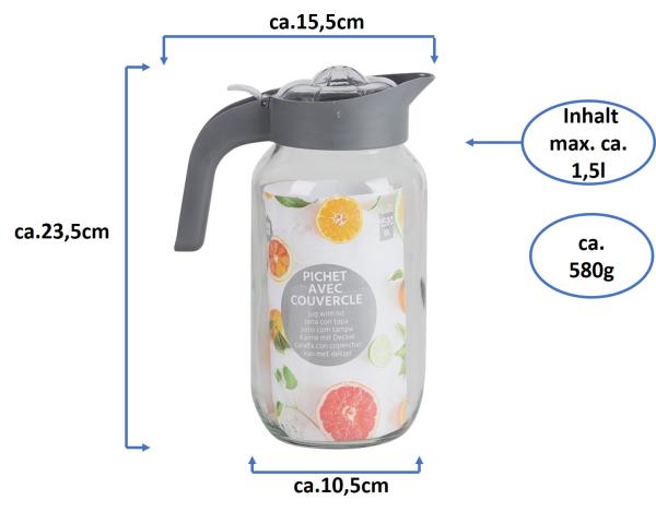 Glaskrug Pichet 1,5L mit Deckel und Ausgießsieb - grau